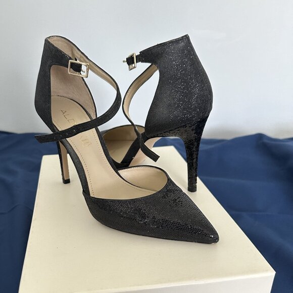 Black Glitter Stiletto Pumps / Heels with Ankle Strap - Picture 6 of 6